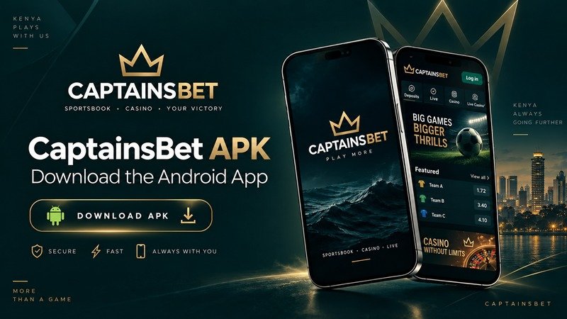 CaptainsBet Android APK download banner for Kenya, featuring two smartphones and the Nairobi skyline.