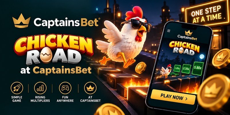 Chicken Road at CaptainsBet Kenya with a cartoon chicken, glowing stepping blocks and the game displayed on a smartphone.