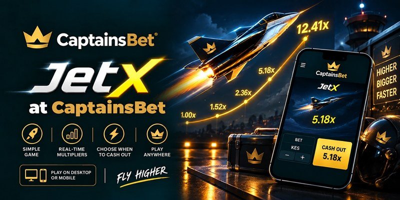 JetX at CaptainsBet Kenya with a flying jet, multiplier chart and mobile game interface in KES.