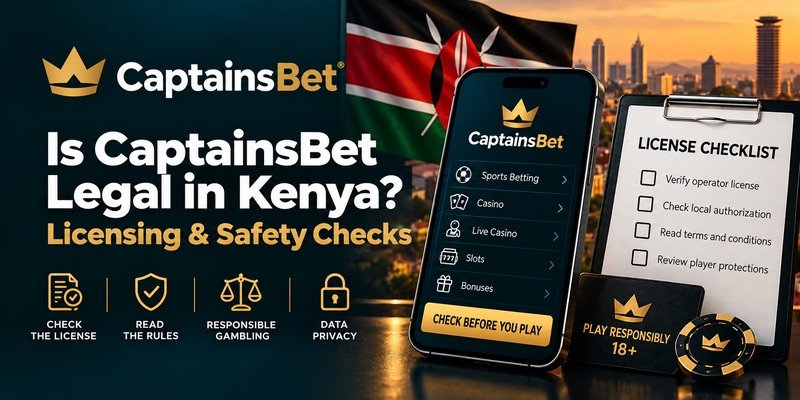 CaptainsBet legality in Kenya banner featuring a smartphone, Kenyan flag and a licensing and player safety checklist.
