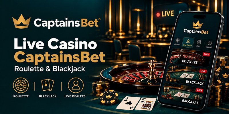 CaptainsBet Live Casino banner for Kenya featuring roulette, playing cards, casino chips and a smartphone displaying roulette, blackjack and baccarat.