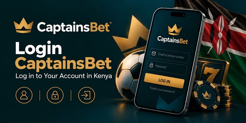 CaptainsBet login banner for Kenya featuring a smartphone with email and password fields, the Kenyan flag, a football and casino chips.
