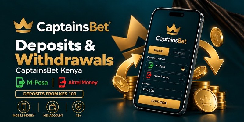 CaptainsBet deposits and withdrawals in Kenya via M-Pesa and Airtel Money, with a smartphone payment screen and deposits from KES 100.