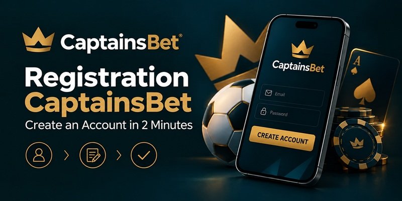 CaptainsBet registration banner for Kenya featuring a smartphone with email and password fields, a Create Account button, a football and casino chips.