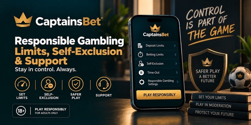 CaptainsBet responsible gambling banner for Kenya featuring deposit limits, self-exclusion and time-out settings on a smartphone, with an 18+ notice.