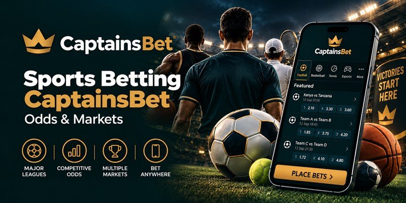 CaptainsBet sports betting banner for Kenya featuring athletes viewed from behind, sports balls and a smartphone displaying betting odds and markets.