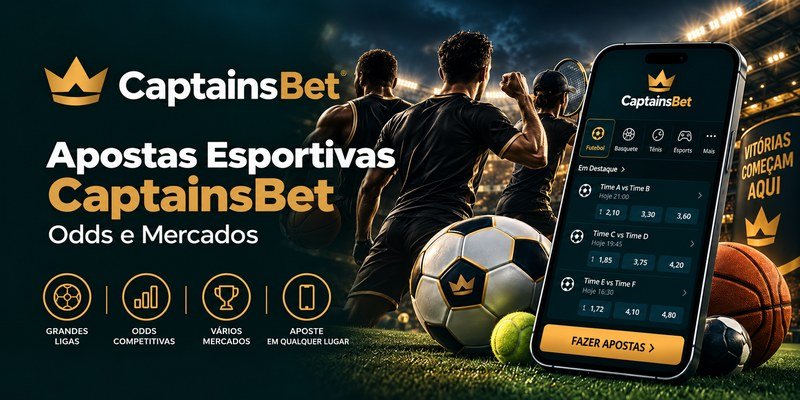 Banner de apostas esportivas CaptainsBet no Brasil, com atletas de costas, bolas de diferentes esportes e smartphone exibindo odds e mercados.