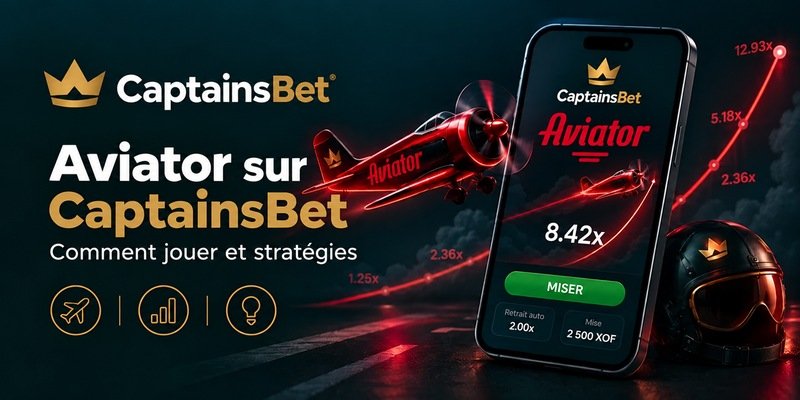 Aviator sur CaptainsBet en Côte d’Ivoire, avec un avion rouge et un smartphone affichant un multiplicateur et une mise en XOF.
