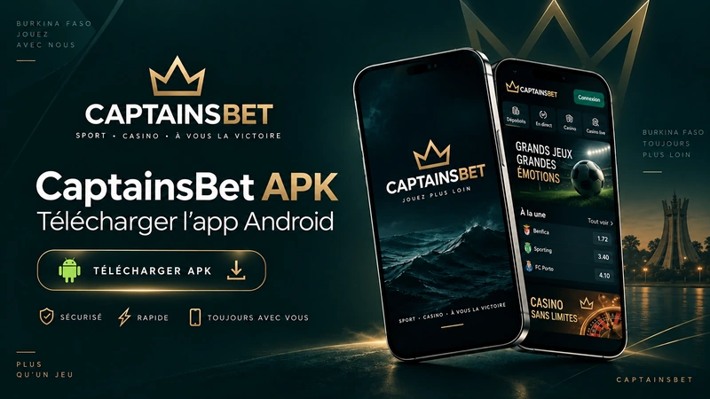 Télécharger l’application Android CaptainsBet au Burkina Faso : bannière avec deux smartphones et un bouton de téléchargement APK.