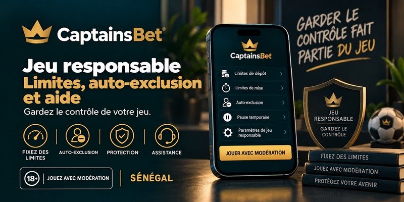 Jeu responsable sur CaptainsBet au Sénégal, avec un smartphone affichant les limites de dépôt, l’auto-exclusion et la pause temporaire.