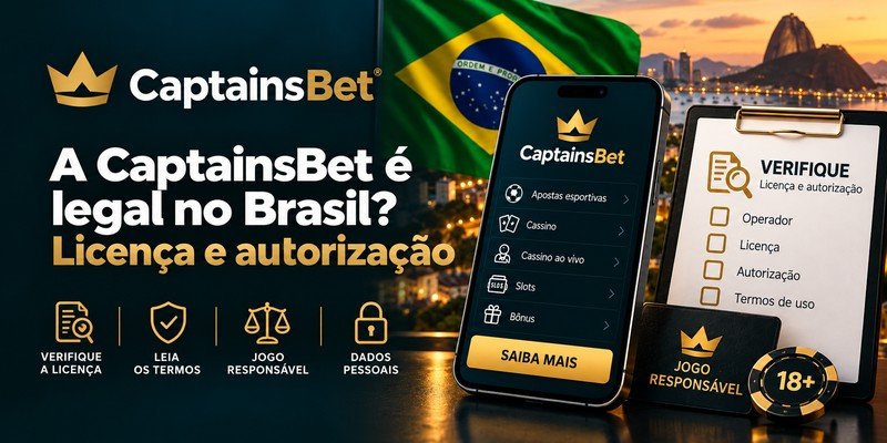 Banner sobre a legalidade da CaptainsBet no Brasil, com smartphone, bandeira brasileira e lista de verificação de licença e autorização.