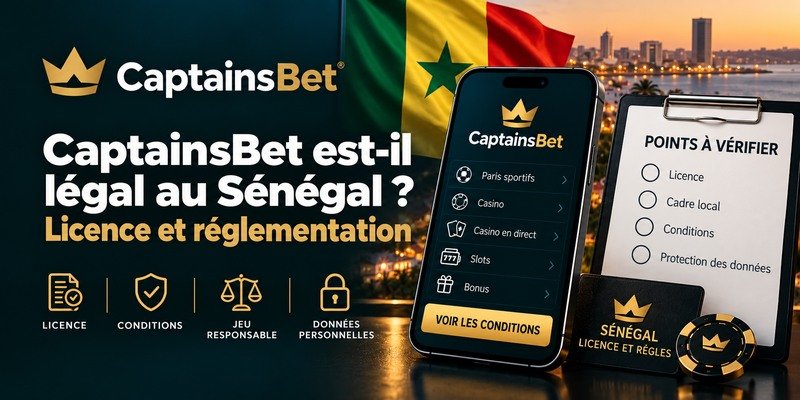 Illustration du statut légal de CaptainsBet au Sénégal, avec un smartphone, une liste de points à vérifier et le drapeau sénégalais.