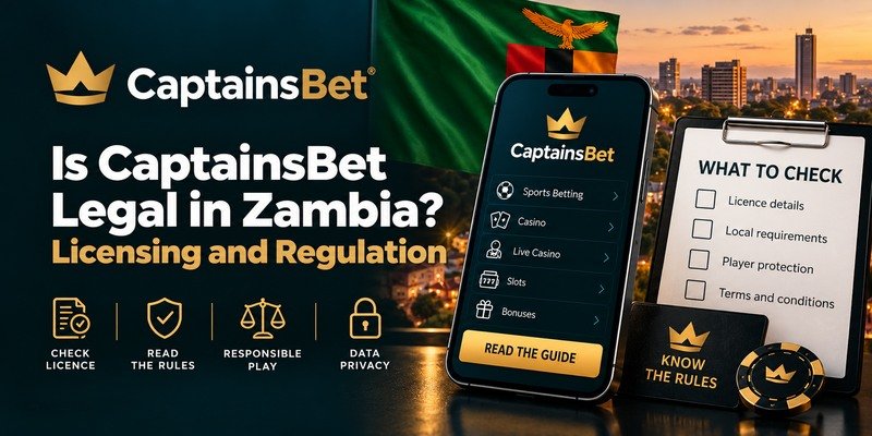 CaptainsBet legal status guide for Zambia, with a smartphone, a licensing checklist and the Zambian flag.