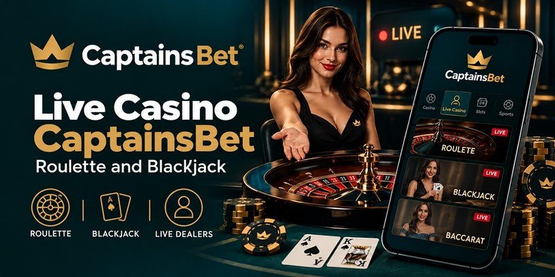 CaptainsBet live casino banner for Rwanda featuring a female dealer, a roulette wheel and a smartphone displaying live casino games.