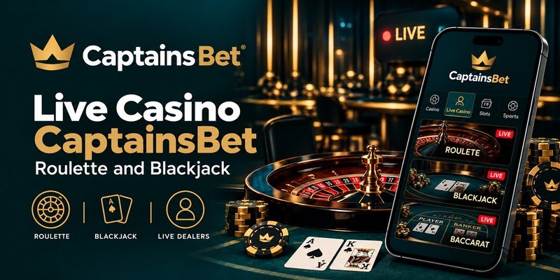 CaptainsBet live casino banner for Zambia, with a roulette wheel, blackjack cards, gold chips and a smartphone displaying live casino games.