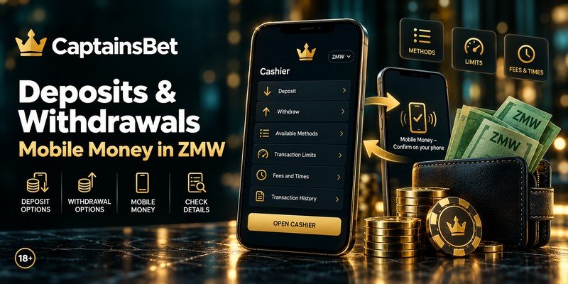 CaptainsBet mobile money deposits and withdrawals in ZMW, with two smartphones, gold transfer arrows and a wallet with stylised banknotes.