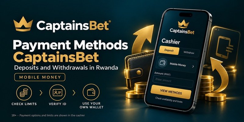 CaptainsBet payment methods banner for Rwanda featuring a mobile money cashier on a smartphone, a wallet and icons for checking limits and verifying identity.