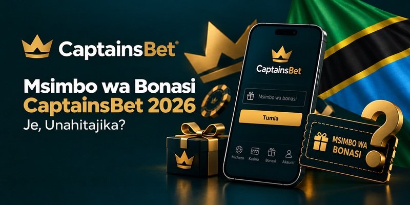 Msimbo wa bonasi wa CaptainsBet Tanzania, ukiwa na simu yenye sehemu ya kuingiza msimbo, zawadi na bendera ya Tanzania.