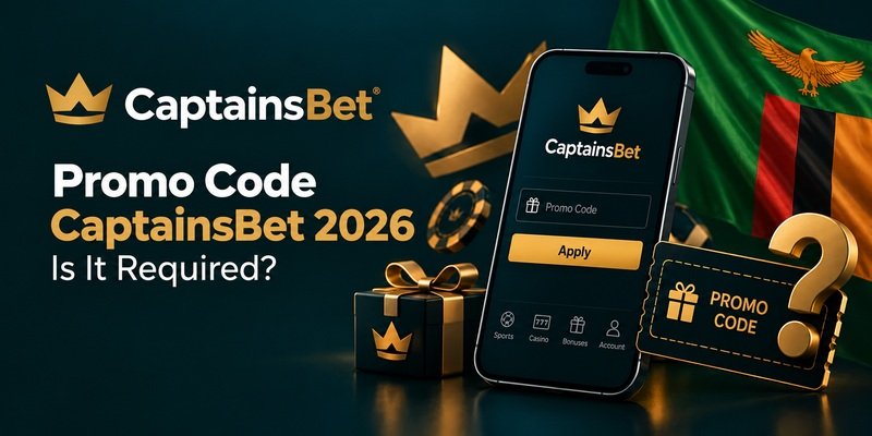 CaptainsBet promo code banner for Zambia, with a smartphone showing a promo code field, a gift box, a gold question mark and the Zambian flag.