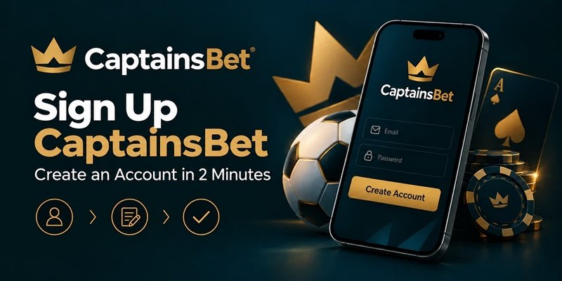 CaptainsBet registration banner for Rwanda featuring a smartphone with email and password fields, a Create Account button and three registration step icons.