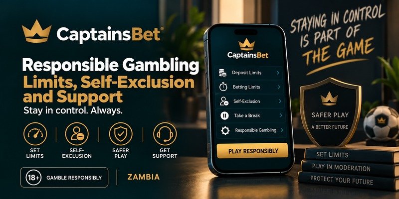 CaptainsBet responsible gambling banner for Zambia, with a smartphone displaying deposit limits, self-exclusion and break options, alongside a gold shield and an 18+ notice.
