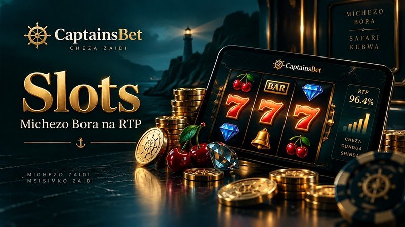 Slots za CaptainsBet Tanzania, ikiwa na kompyuta kibao yenye alama za 777, sarafu za dhahabu na taarifa ya RTP.