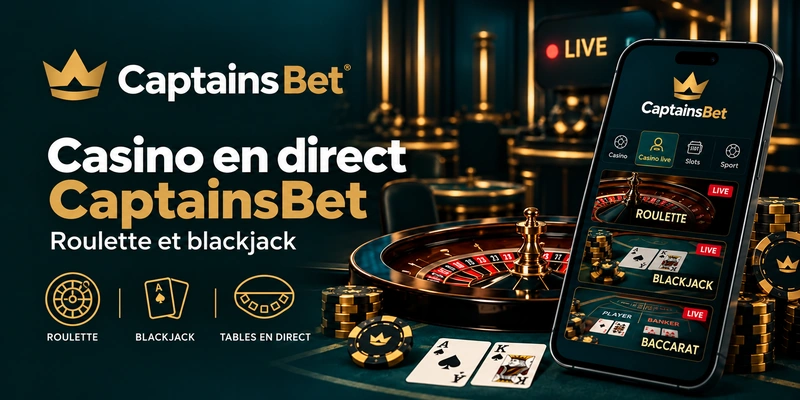 Casino en direct CaptainsBet au Burkina Faso : roulette, cartes de blackjack et jetons avec un smartphone affichant les tables de casino live.