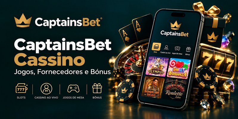 Banner do cassino CaptainsBet no Brasil, com smartphone exibindo jogos, roleta, cartas, fichas e presente dourado.