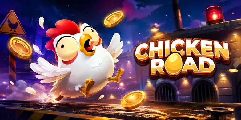 Chicken Road banner with a cartoon chicken, floating gold coins and the game logo against a night-time industrial background.