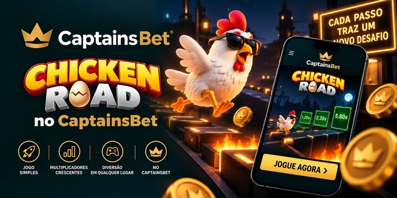 Banner de Chicken Road no CaptainsBet Brasil, com galinha de óculos escuros saltando sobre plataformas e smartphone exibindo multiplicadores.