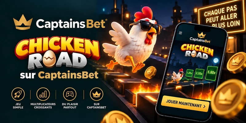 Chicken Road sur CaptainsBet au Burkina Faso : poulet avec lunettes de soleil, parcours lumineux et smartphone affichant les multiplicateurs du jeu.