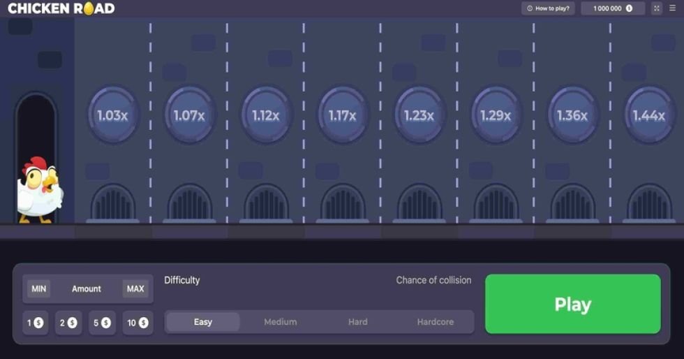 Chicken Road game screen with the chicken, the multipliers and the difficulty options