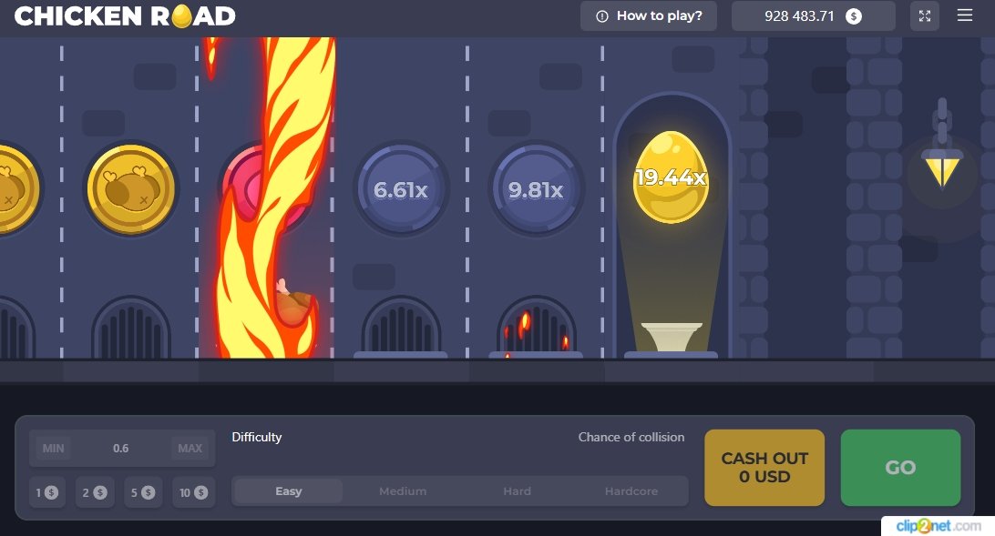 Chicken Road gameplay showing multiplier lanes, fire obstacles, a golden egg marked 19.44x, difficulty settings and cash-out controls.