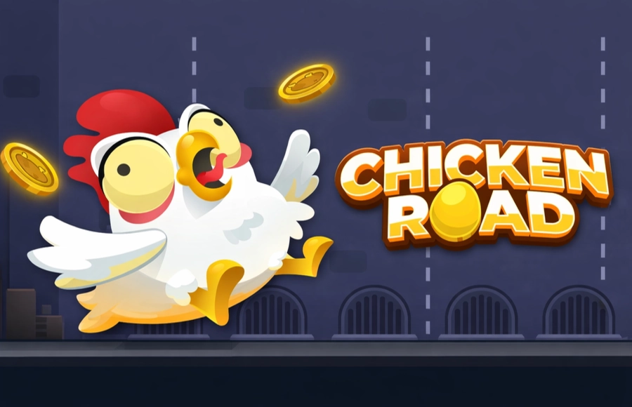 Logo du jeu Chicken Road avec un poulet blanc et des pièces dorées sur fond de route.