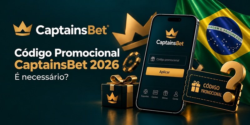 Banner do código promocional CaptainsBet 2026 no Brasil, com smartphone, campo para inserir o código, presente e bandeira brasileira.