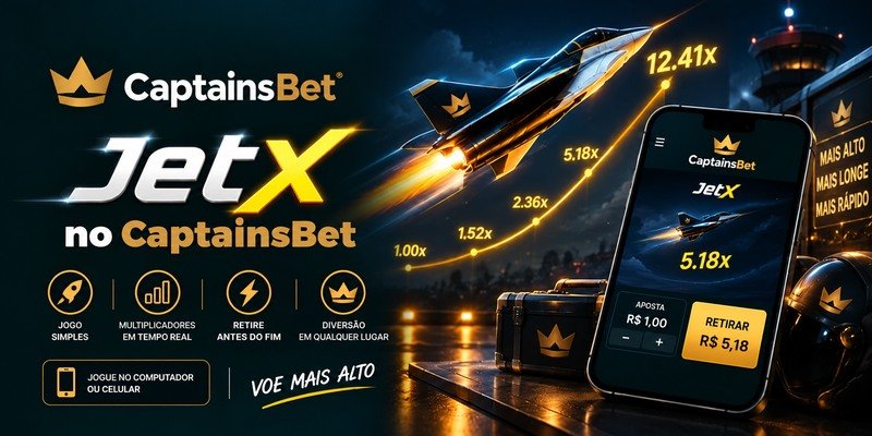 Banner de JetX no CaptainsBet Brasil, com jato em decolagem, multiplicadores e smartphone exibindo aposta e retirada em reais.