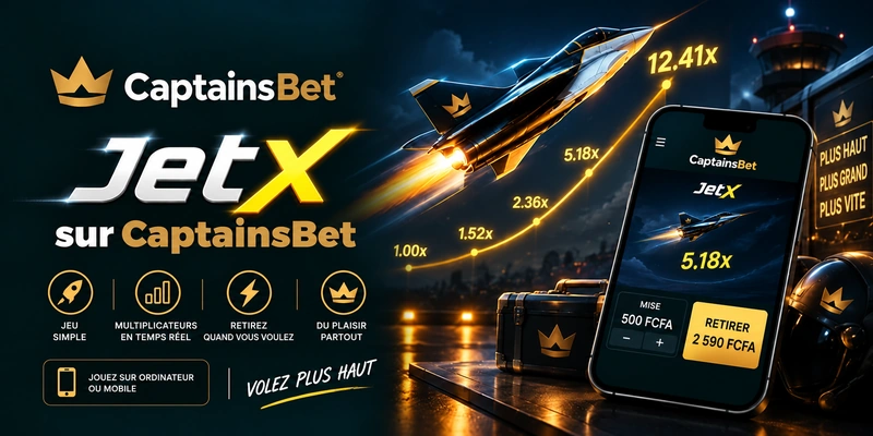 JetX sur CaptainsBet au Burkina Faso : avion à réaction, courbe de multiplicateurs et smartphone affichant une mise de 500 FCFA.
