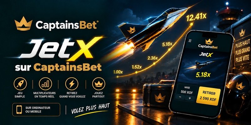 JetX sur CaptainsBet, avec un avion au décollage, une courbe de multiplicateurs et un smartphone affichant une mise en XOF.