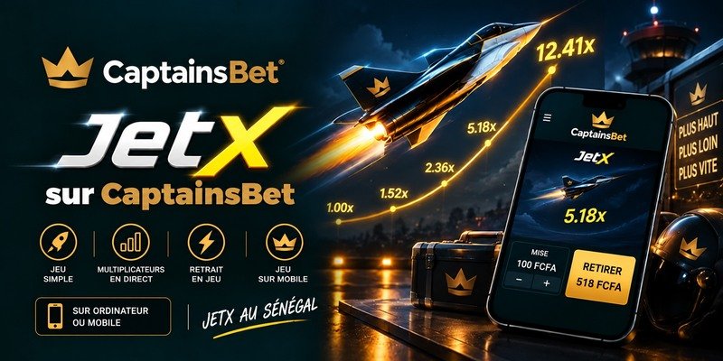 JetX sur CaptainsBet au Sénégal, avec un avion à réaction et un smartphone affichant un multiplicateur de 5,18x et une mise de 100 FCFA.