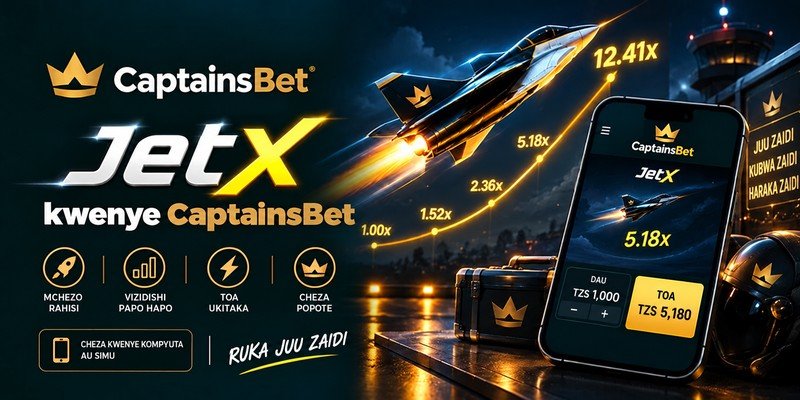 JetX kwenye CaptainsBet Tanzania, ikiwa na ndege inayopaa na simu inayoonyesha kizidishi cha 5.18x na dau kwa TZS.