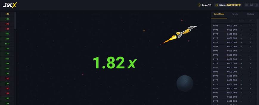 Tela do JetX em modo demonstrativo, com jato em voo, multiplicador de 1,82x e lista de apostas.