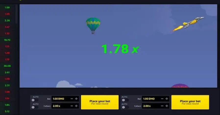 JetX demo screen with a jet in flight, a 1.78x multiplier and two bet panels