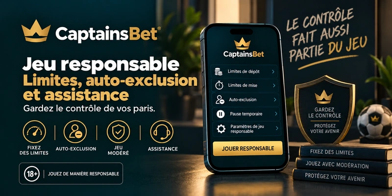 Jeu responsable sur CaptainsBet au Burkina Faso : smartphone affichant les limites de dépôt, l’auto-exclusion et la pause temporaire, avec un rappel 18+.