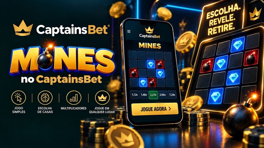 Banner de Mines no CaptainsBet Brasil, com smartphone, tabuleiro de casas com diamantes e minas, multiplicadores e botão “Jogue agora”.