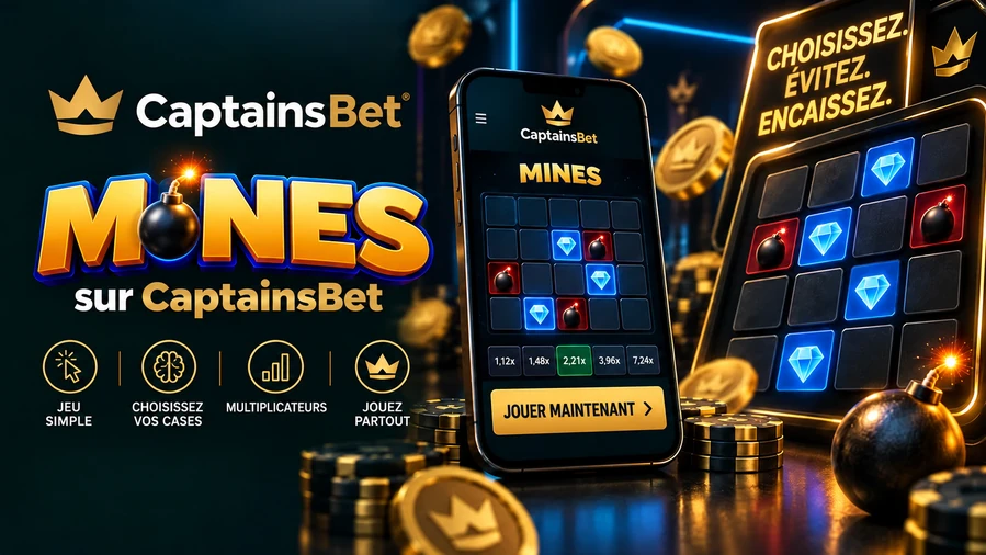 Mines sur CaptainsBet au Burkina Faso : smartphone et grilles de jeu avec diamants bleus, bombes et multiplicateurs.