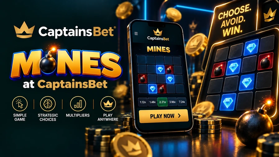 Mines at CaptainsBet for players in Rwanda, featuring a smartphone, glowing blue diamonds, bombs and multipliers.