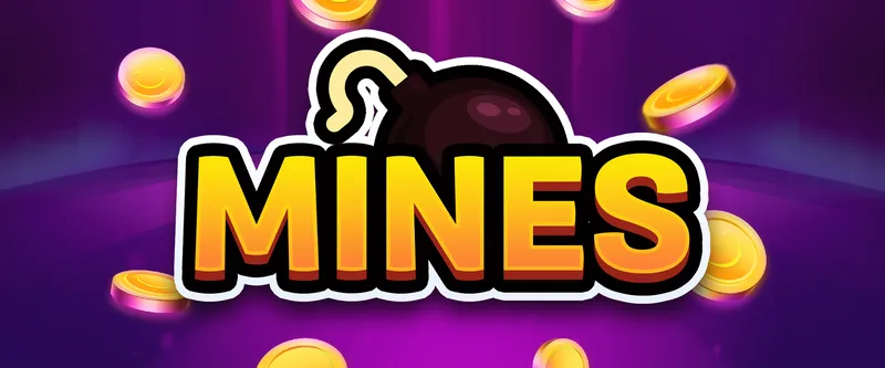 Logotipo de Mines em amarelo e laranja, com bomba e moedas douradas sobre fundo roxo.