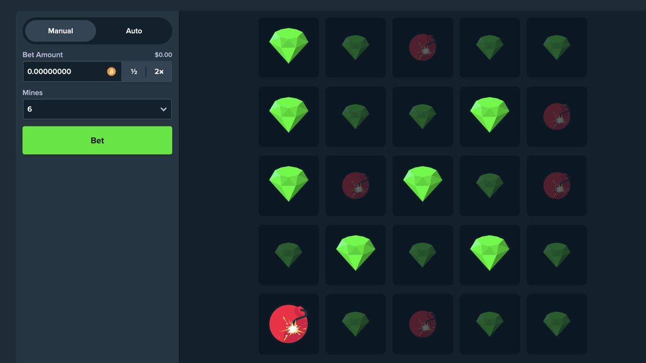 Mines game screen with a five-by-five grid, green gems and red mines