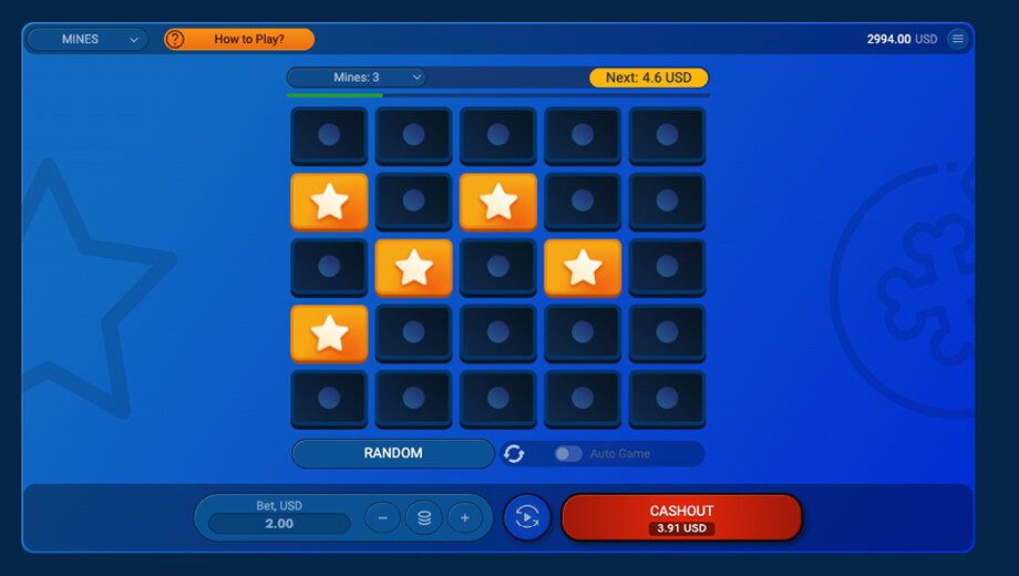 Interface de Mines avec une grille de 25 cases, cinq étoiles révélées, trois mines sélectionnées et une mise de 2 USD.