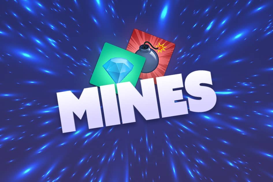 Nembo ya Mines yenye almasi ya bluu na bomu kwenye mandharinyuma ya bluu yenye mwanga.